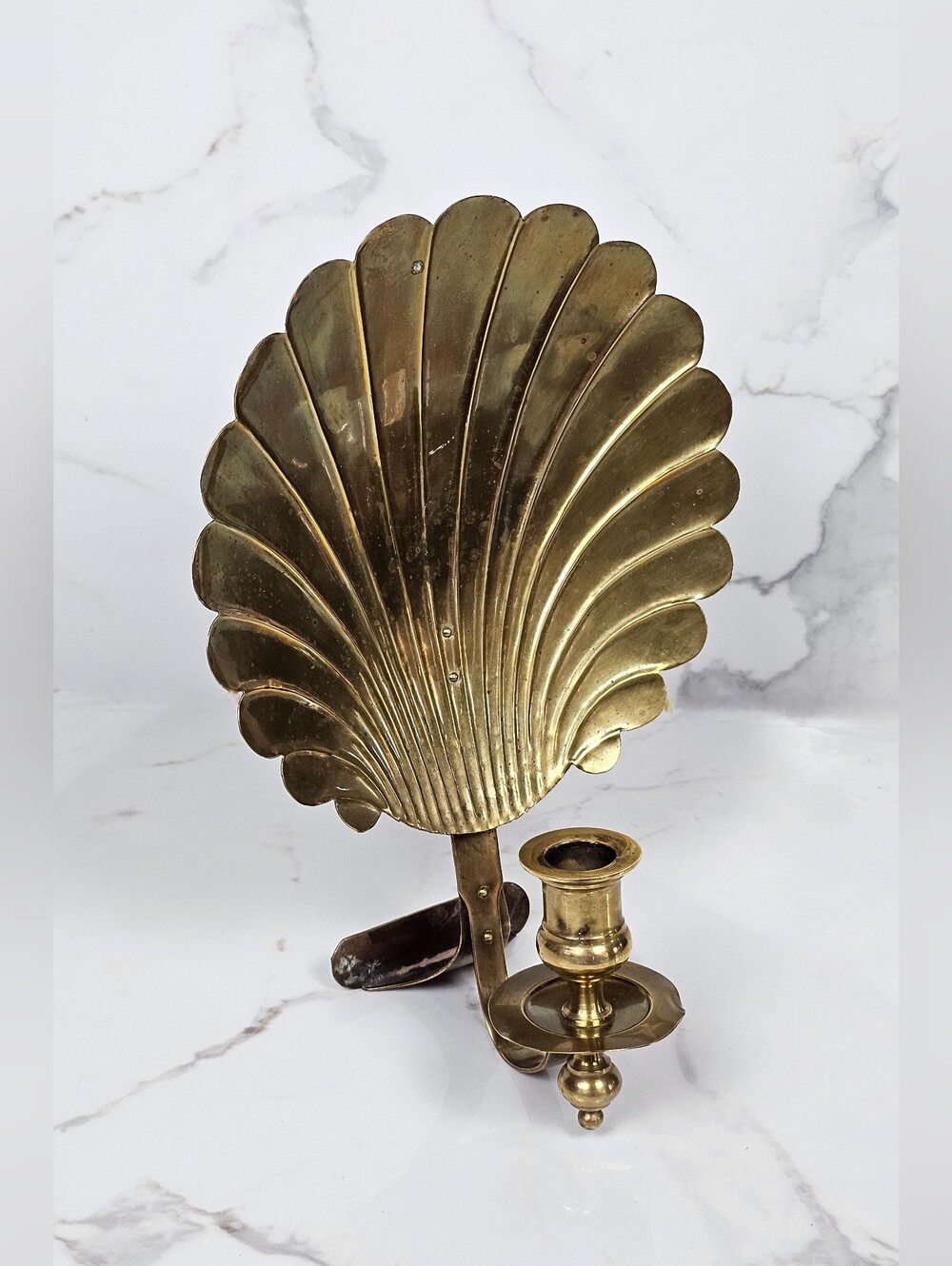 Vintage Solid Brass Shell Wall Sconce Candle Holder - Coastal Hollywood Regency